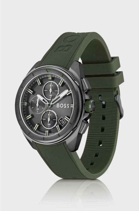 GREY-PLATED CHRONOGRAPH WATCH WITH OLIVE SILICONE STRAP