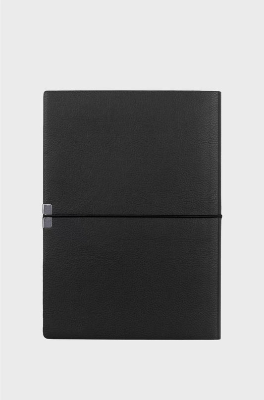 A5 NOTEBOOK IN BLACK FAUX LEATHER WITH ELASTICATED BAND