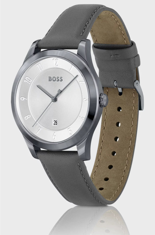 GREY-PLATED WATCH WITH LEATHER STRAP