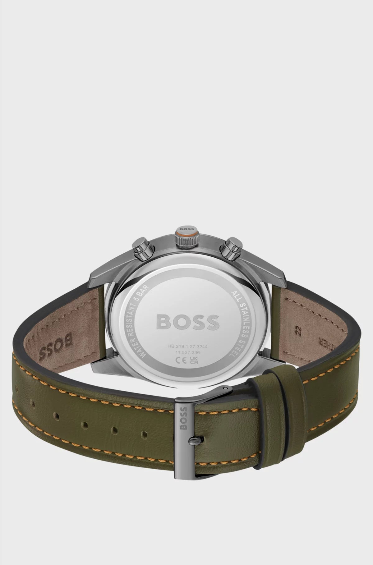 BLACK-DIAL CHRONOGRAPH WATCH WITH GREEN LEATHER STRAP