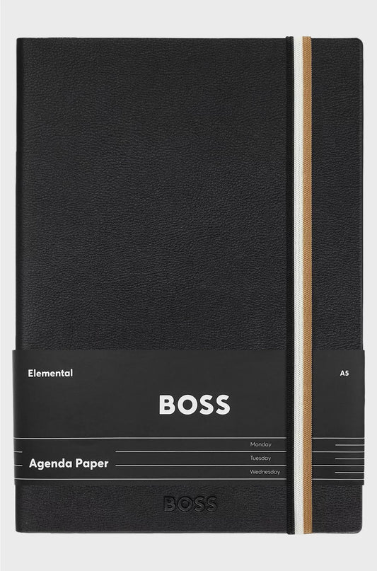 A5 BLACK FAUX-LEATHER NOTEBOOK WITH SIGNATURE-STRIPE STRAP