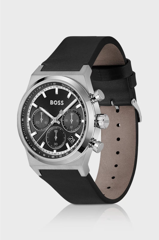 SILVER-TONE CHRONOGRAPH WATCH WITH BLACK LEATHER STRAP