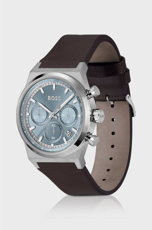 SILVER-TONE CHRONOGRAPH WATCH WITH BROWN LEATHER STRAP