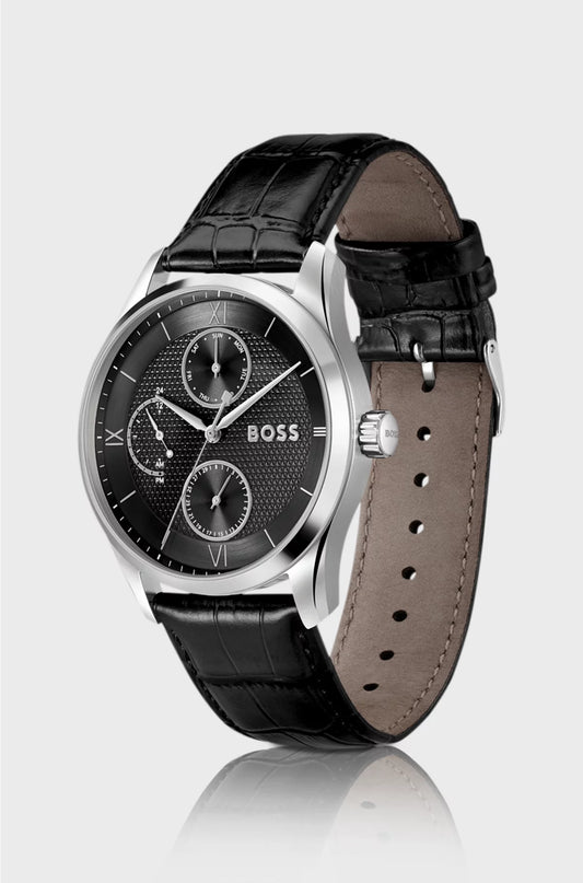PRINCIPLE MASTER BLACK-TEXTURED-DIAL WATCH WITH LEATHER STRAP
