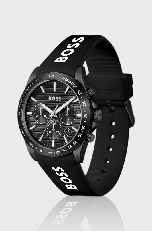 STRIKE BLACK-DIAL CHRONOGRAPH WATCH WITH SILICONE LOGO STRAP