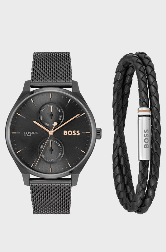 TYLER MESH-BRACELET WATCH AND BRAIDED LEATHER CUFF GIFT SET