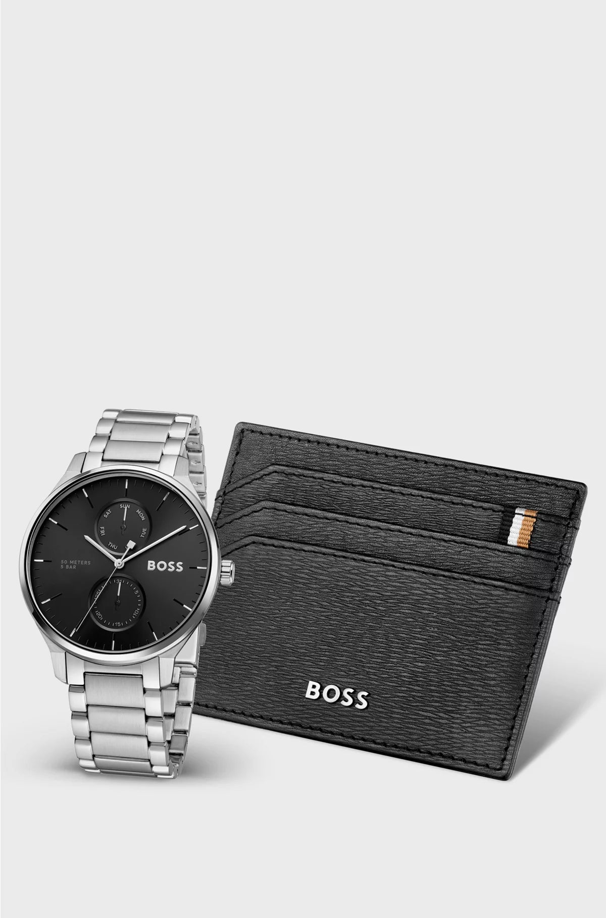 BLACK-DIAL WATCH AND LEATHER CARD HOLDER GIFT SET
