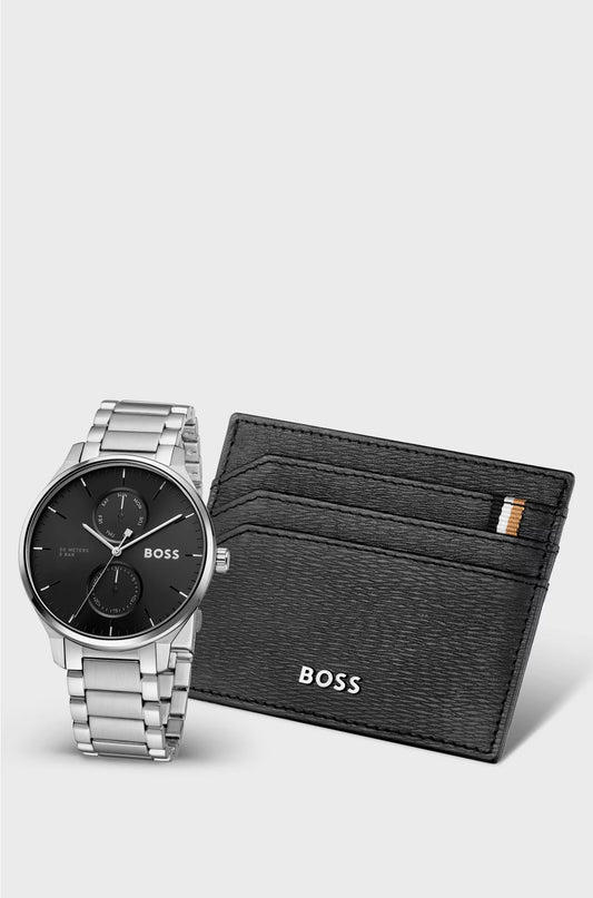 BLACK-DIAL WATCH AND LEATHER CARD HOLDER GIFT SET