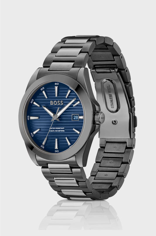 GREY-PLATED WATCH WITH BLUE RIDGED DIAL