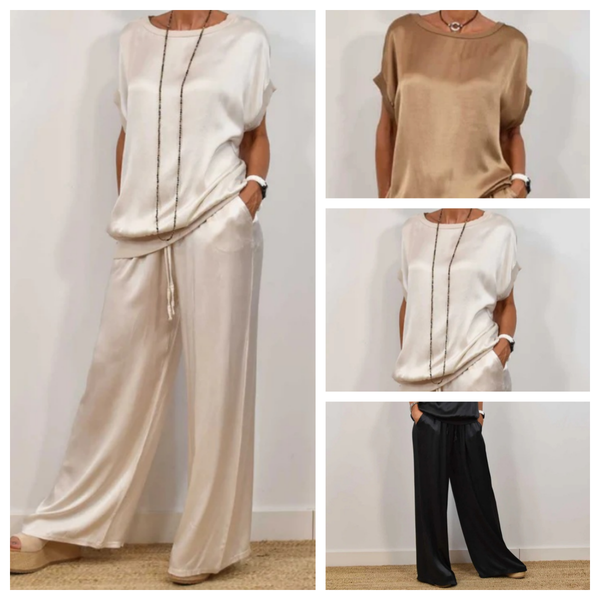 🎁 2025 new style 👗 Women's satin short sleeve top and pants two-piece set