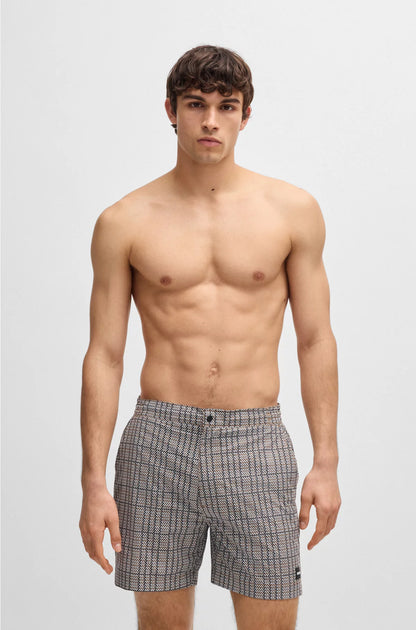 MICRO-PRINT SWIM SHORTS WITH LOGO BADGE