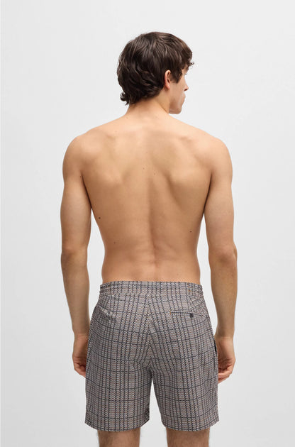 MICRO-PRINT SWIM SHORTS WITH LOGO BADGE