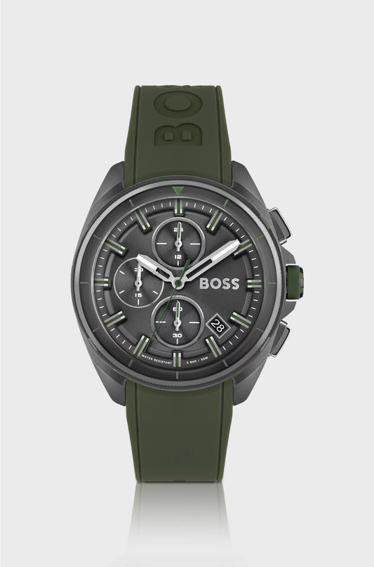 GREY-PLATED CHRONOGRAPH WATCH WITH OLIVE SILICONE STRAP