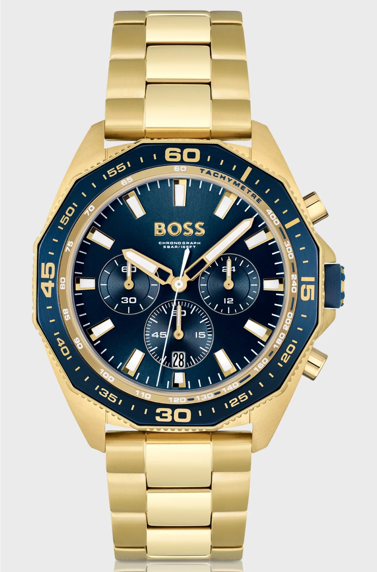 BLUE-DIAL CHRONOGRAPH WATCH WITH GEOMETRIC BEZEL