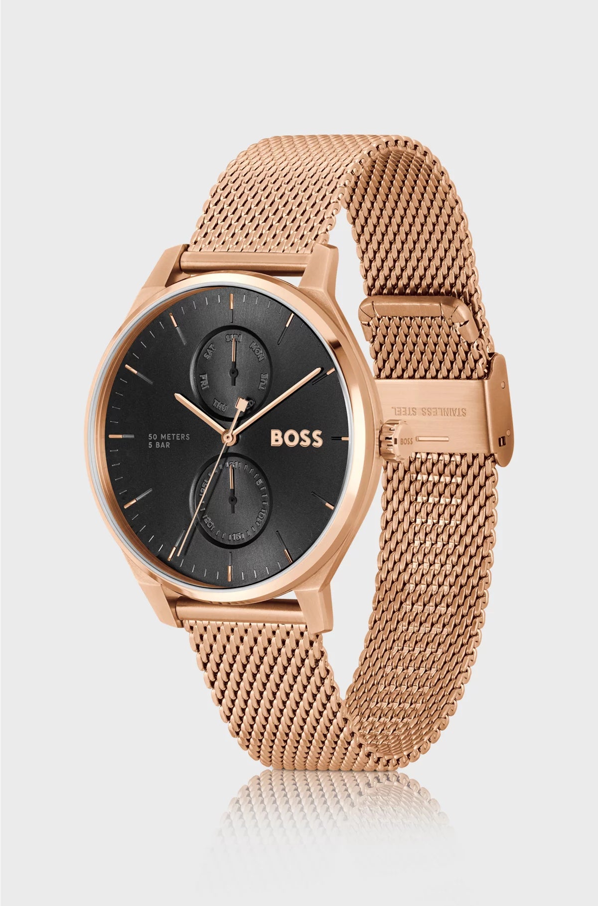 BLACK-DIAL WATCH WITH CARNATION-GOLD-TONE MESH BRACELET