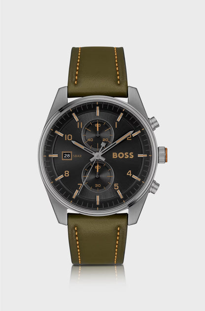 BLACK-DIAL CHRONOGRAPH WATCH WITH GREEN LEATHER STRAP