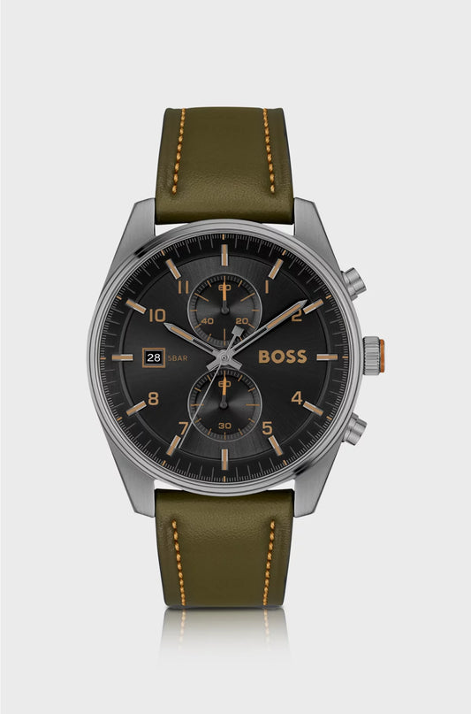 BLACK-DIAL CHRONOGRAPH WATCH WITH GREEN LEATHER STRAP