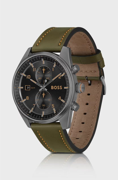 BLACK-DIAL CHRONOGRAPH WATCH WITH GREEN LEATHER STRAP