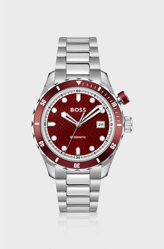 SILVER-TONE AUTOMATIC WATCH WITH RED MONOGRAM-TEXTURED DIAL