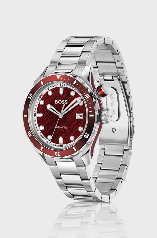 SILVER-TONE AUTOMATIC WATCH WITH RED MONOGRAM-TEXTURED DIAL