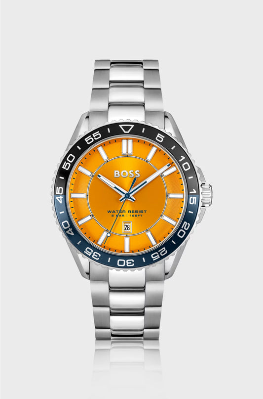 SILVER-TONE WATCH WITH ORANGE DIAL AND ROTATING BEZEL
