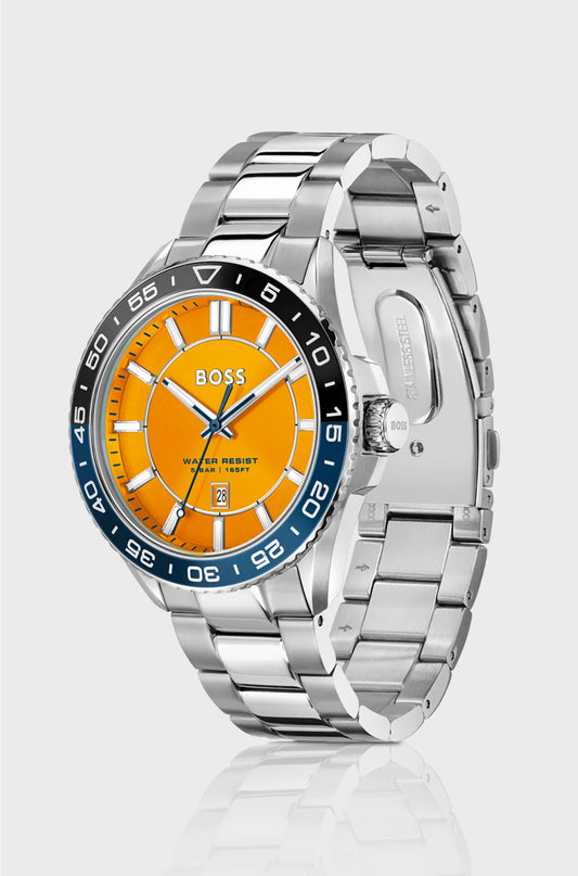 SILVER-TONE WATCH WITH ORANGE DIAL AND ROTATING BEZEL