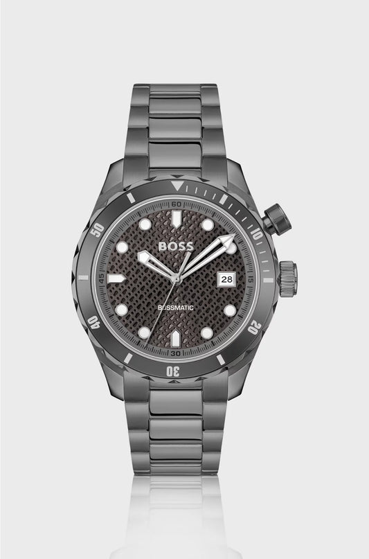 GREY-PLATED AUTOMATIC WATCH WITH MONOGRAM-TEXTURED DIAL