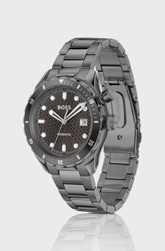 GREY-PLATED AUTOMATIC WATCH WITH MONOGRAM-TEXTURED DIAL