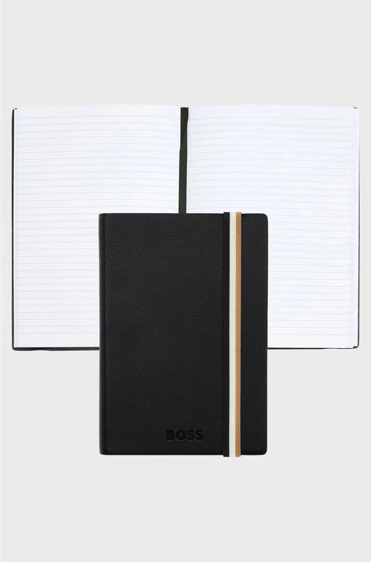 A6 BLACK FAUX-LEATHER NOTEBOOK WITH SIGNATURE-STRIPE STRAP