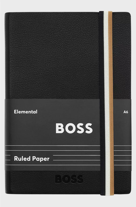 A6 BLACK FAUX-LEATHER NOTEBOOK WITH SIGNATURE-STRIPE STRAP