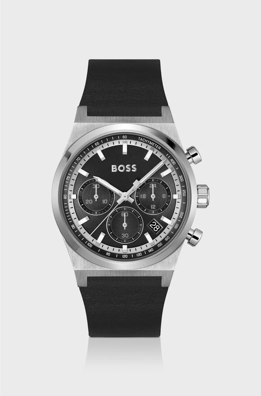 SILVER-TONE CHRONOGRAPH WATCH WITH BLACK LEATHER STRAP