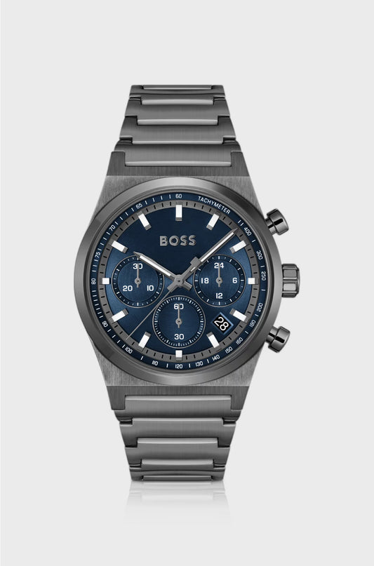 GREY-PLATED CHRONOGRAPH WATCH WITH BLUE DIAL