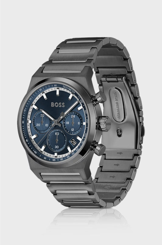 GREY-PLATED CHRONOGRAPH WATCH WITH BLUE DIAL