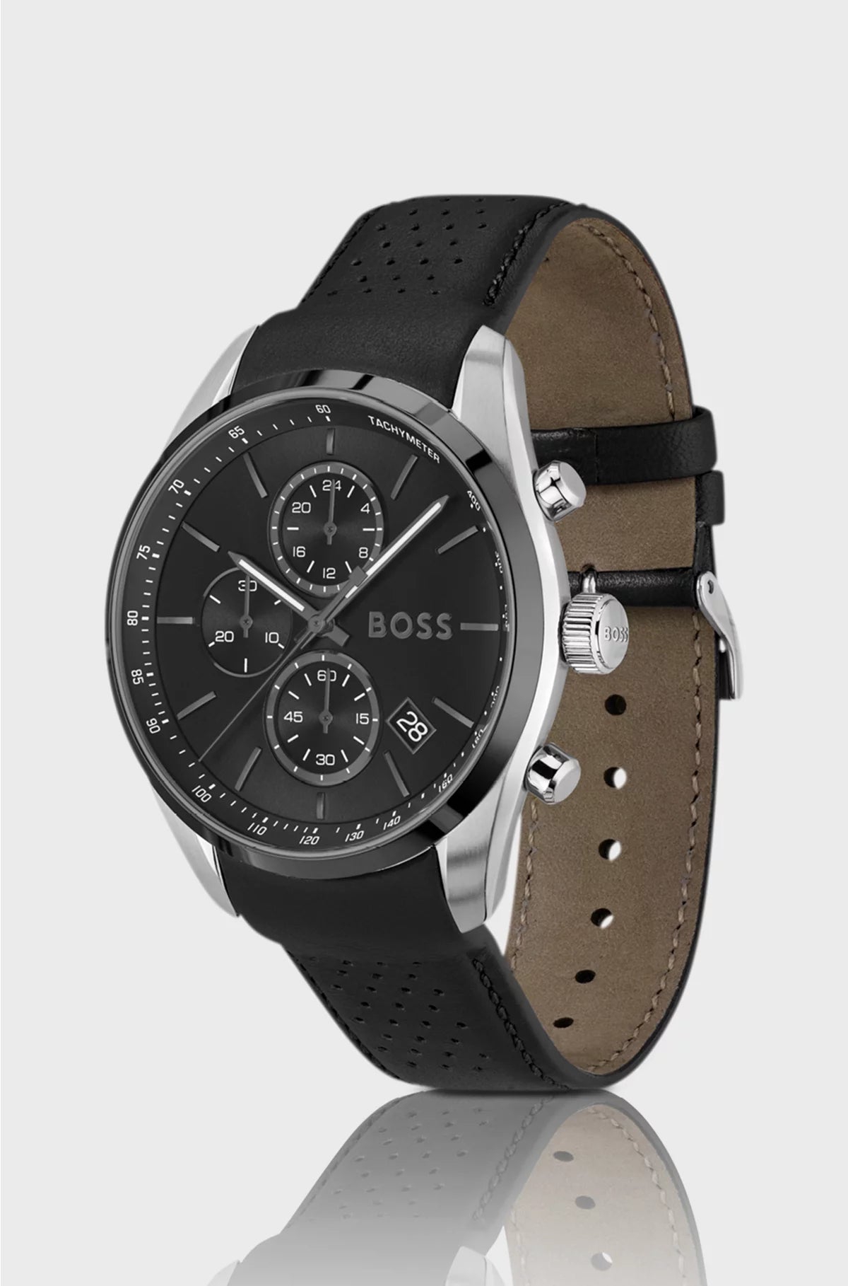 BLACK-DIAL CHRONOGRAPH WATCH WITH LEATHER STRAP