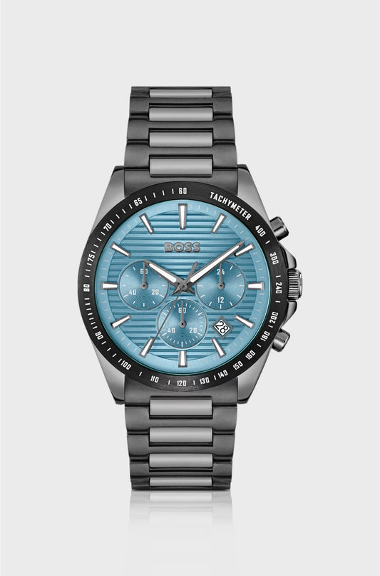 GREY-PLATED CHRONOGRAPH WATCH WITH BLUE RIDGED DIAL