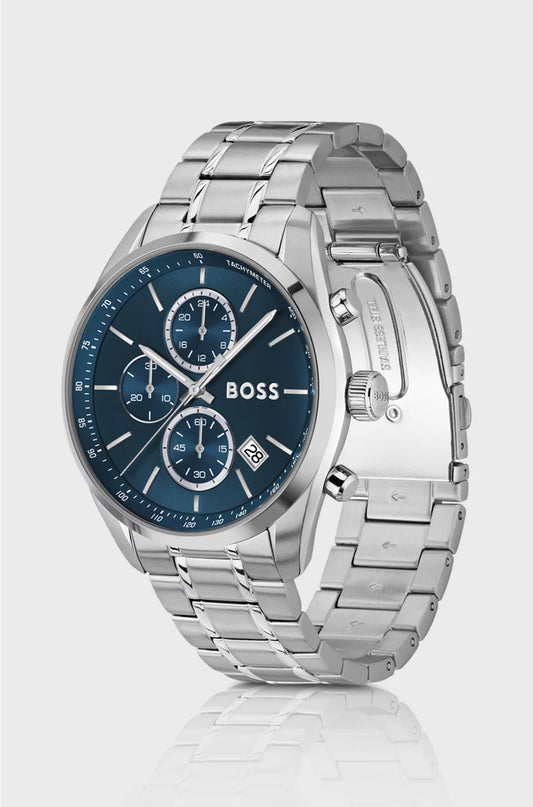 GRAND PRIX 44 SILVER-TONE CHRONOGRAPH WATCH WITH BLUE DIAL