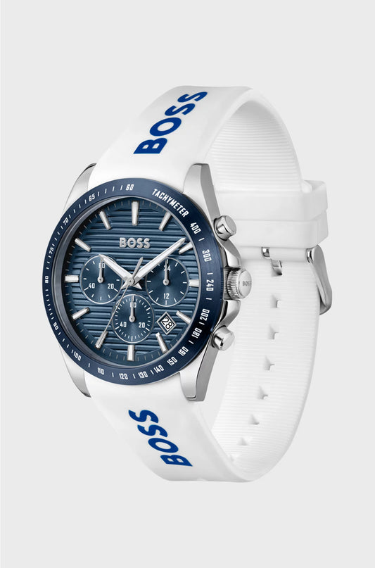 STRIKE GROOVED-DIAL CHRONOGRAPH WATCH WITH SILICONE LOGO STRAP