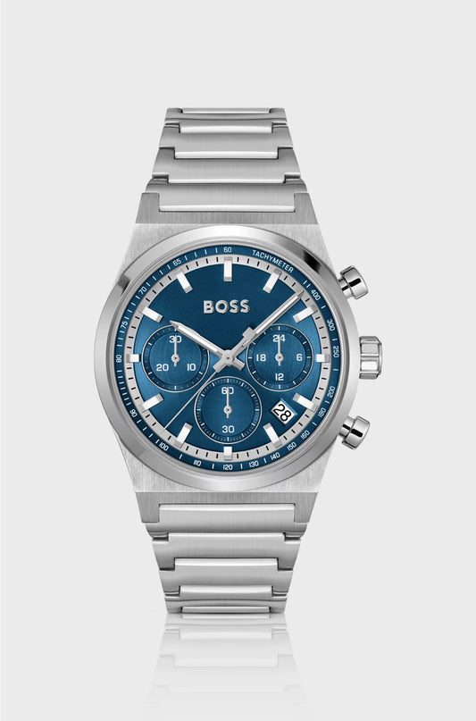 SILVER-TONE CHRONOGRAPH WATCH WITH BLUE DIAL