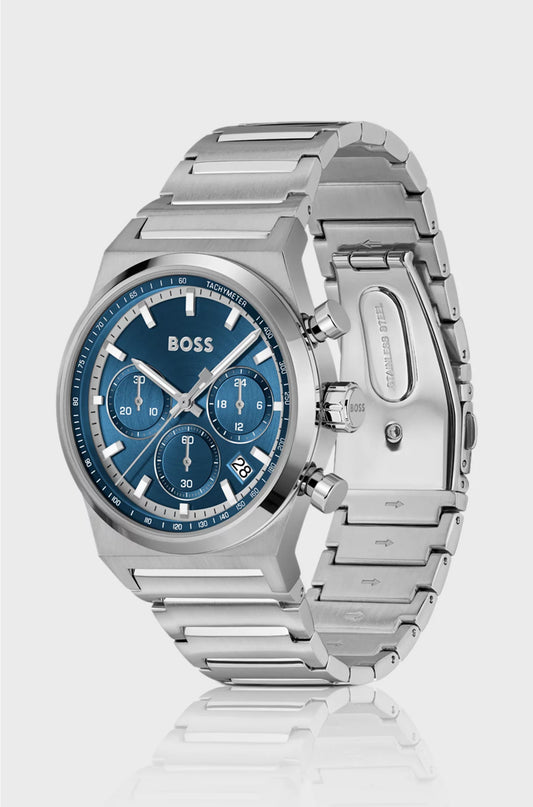 SILVER-TONE CHRONOGRAPH WATCH WITH BLUE DIAL