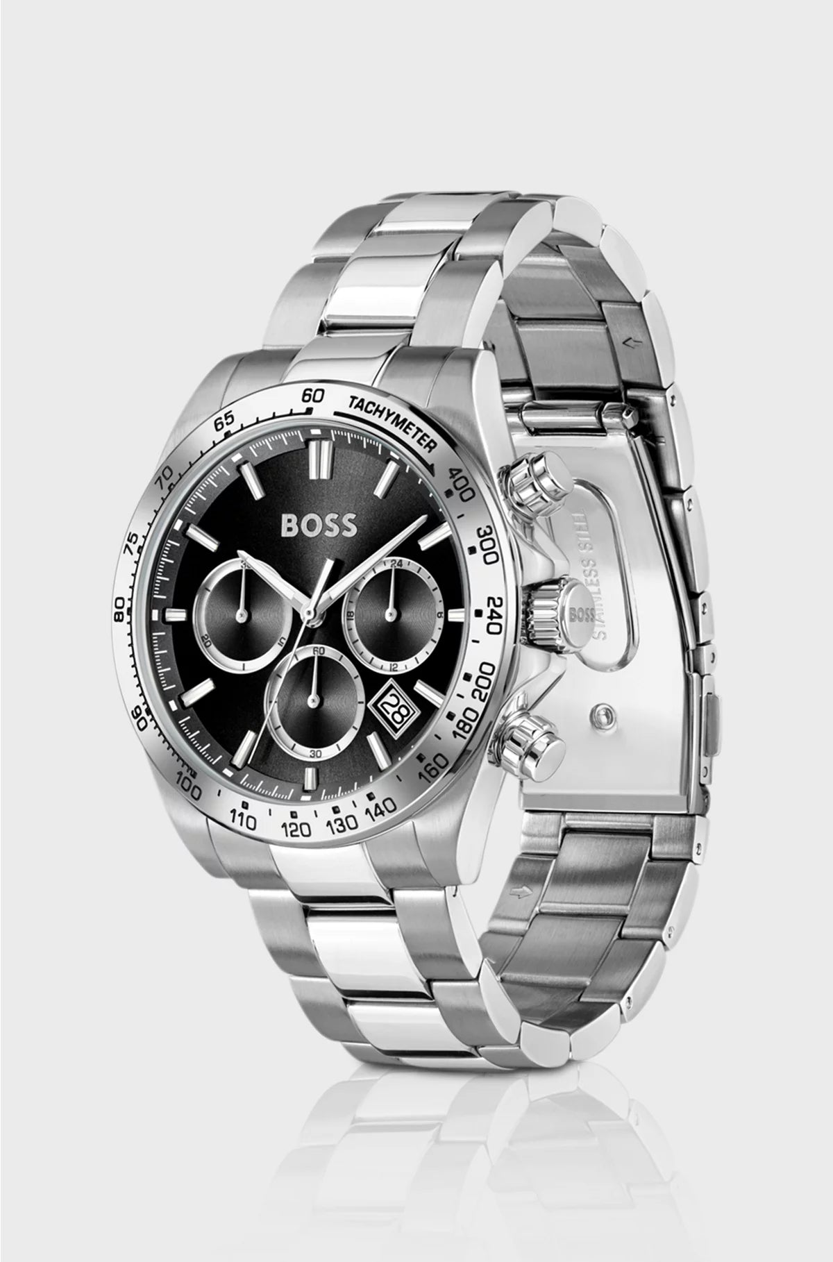 BLACK-DIAL CHRONOGRAPH WATCH WITH STEEL BRACELET