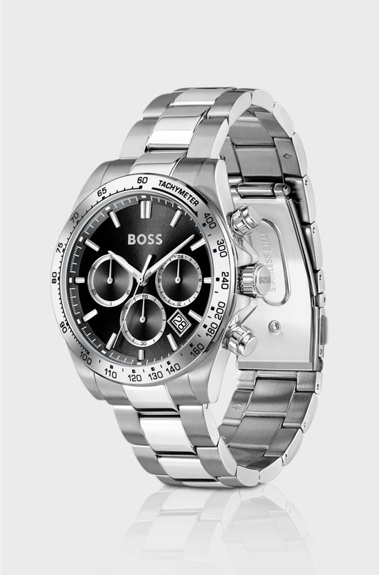 BLACK-DIAL CHRONOGRAPH WATCH WITH STEEL BRACELET
