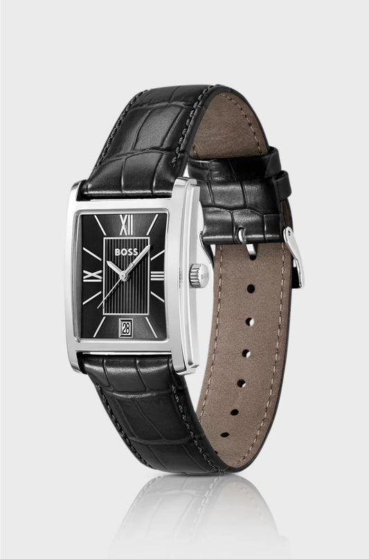 PRINCIPLE DRESS BLACK-DIAL WATCH WITH ALLIGATOR-EMBOSSED LEATHER STRAP