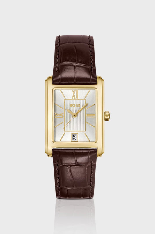 LEATHER-STRAP WATCH WITH SILVER-WHITE DIAL