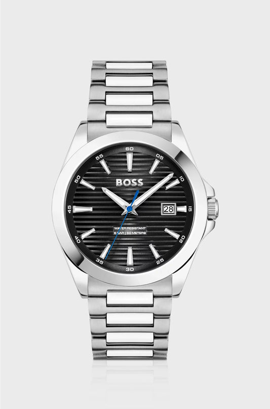 SILVER-TONE WATCH WITH BLACK GROOVED DIAL