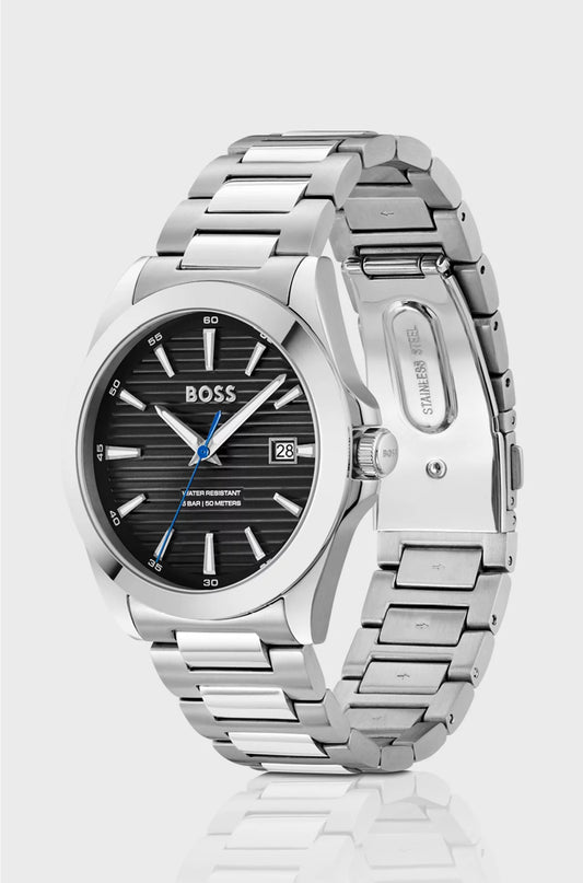 SILVER-TONE WATCH WITH BLACK GROOVED DIAL
