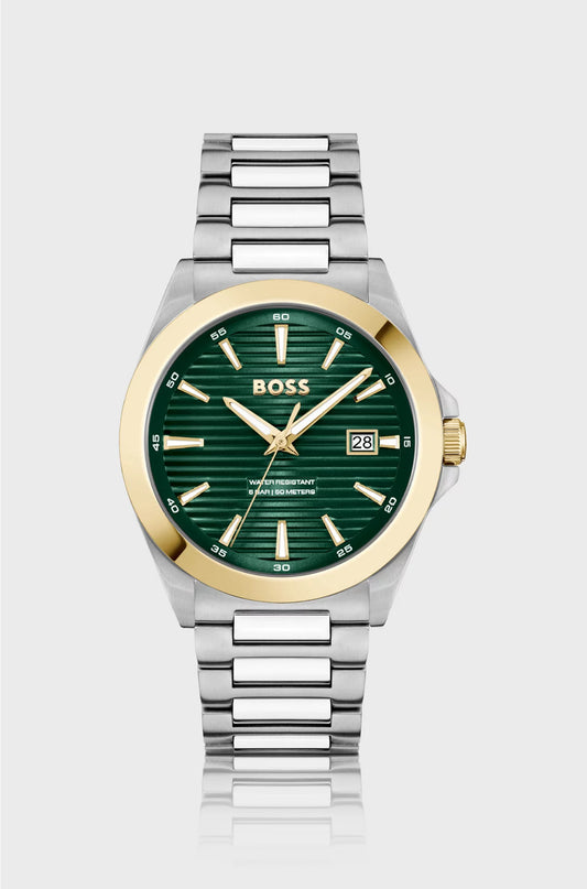 GOLD- AND SILVER-TONE WATCH WITH GREEN GROOVED DIAL
