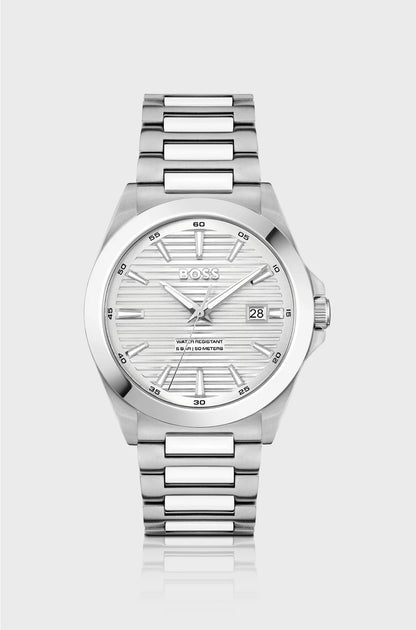 BRUSHED-AND-POLISHED STAINLESS-STEEL WATCH WITH GROOVED DIAL