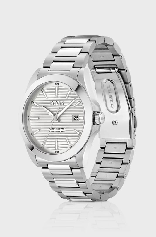 BRUSHED-AND-POLISHED STAINLESS-STEEL WATCH WITH GROOVED DIAL