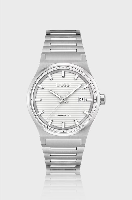 SILVER-TONE AUTOMATIC WATCH WITH WHITE GROOVED DIAL