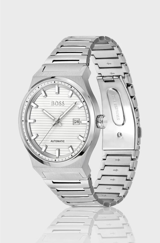 SILVER-TONE AUTOMATIC WATCH WITH WHITE GROOVED DIAL